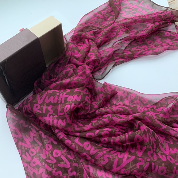RARE Louis Vuitton Limited Edition Neon 💕Pink LV Stephen Sprouse Graffiti Scarf - Picture 3 of 16
